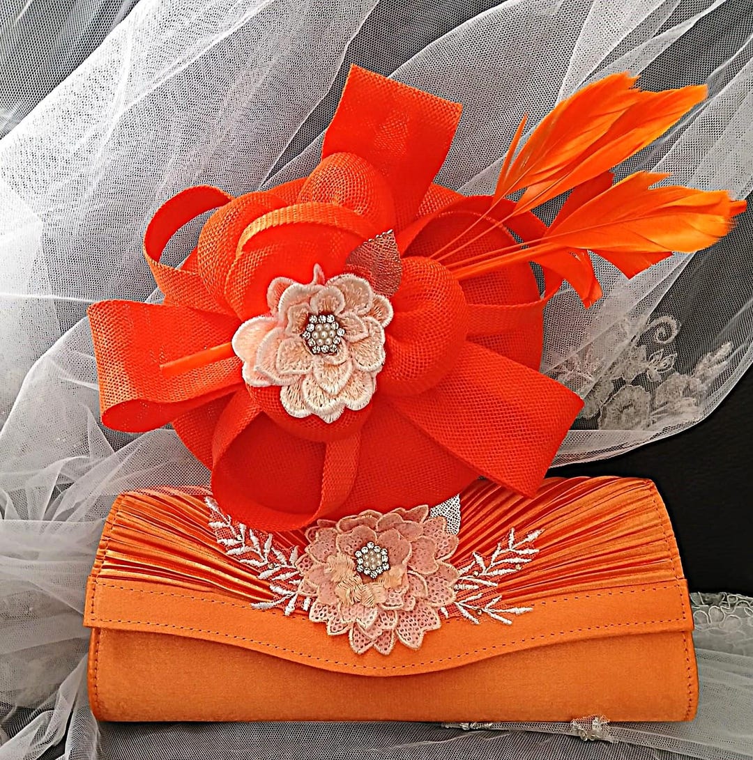 Orange Hat and Bag Set with Gold Chain Orange Fascinator Hat and Clutch Bag: Bridal Set for Wedding  main image 4