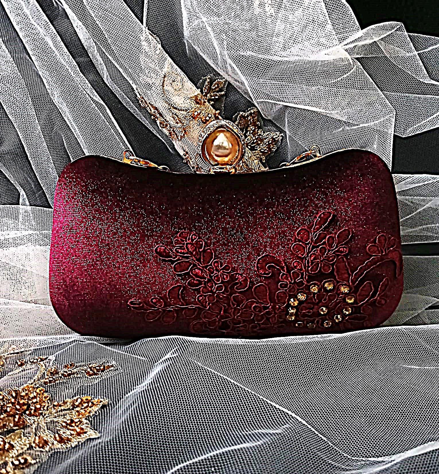 Clutch Purses Velvet Polyester Evening Bag Jewelry Set for Wedding Party Wine Red Velvet Clutch: Gold Hardware, Floral Lace Evening  main image 4