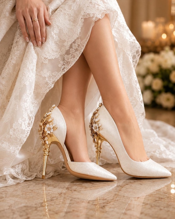 gold dress shoes for wedding Ivory Glitter Bridal Heels with Floral Detail, 503
