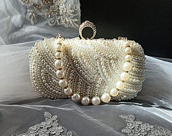 Ivory Pearl Bridal Clutch,Wedding Purse With Gold Hardware,Handbag For Bride Or Bridesmaid