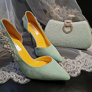 Sage Green Suede Bridal Shoes With Matching Clutch Bag,Shoes For Bridesmaid,Wedding Footwear,Formal Event Heels