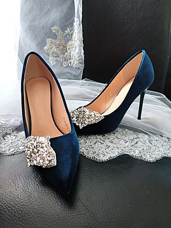 Zapatos Joya Zapatos De Salon Azul Marino Novia Zapatos Terciopelo