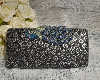 Peacock Evening Clutch,Black Purse,Glitter Handbag