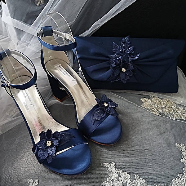 Navy Blue Satin Shoe and Clutch Set: Floral Block Heel Sandals