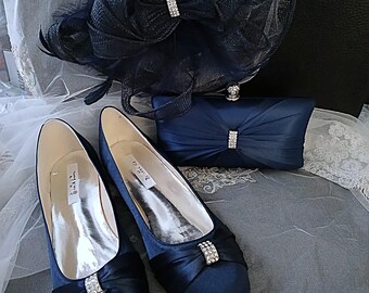 Navy Blue Classic Flat Shoes Set : Flats Hat and Clutch Bag, Formal Event Footwear
