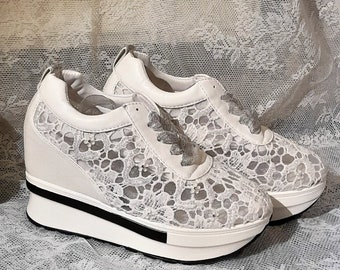 White Wedding Shoes,Embroidered Sneakers,Decoraited Bridal Trainers