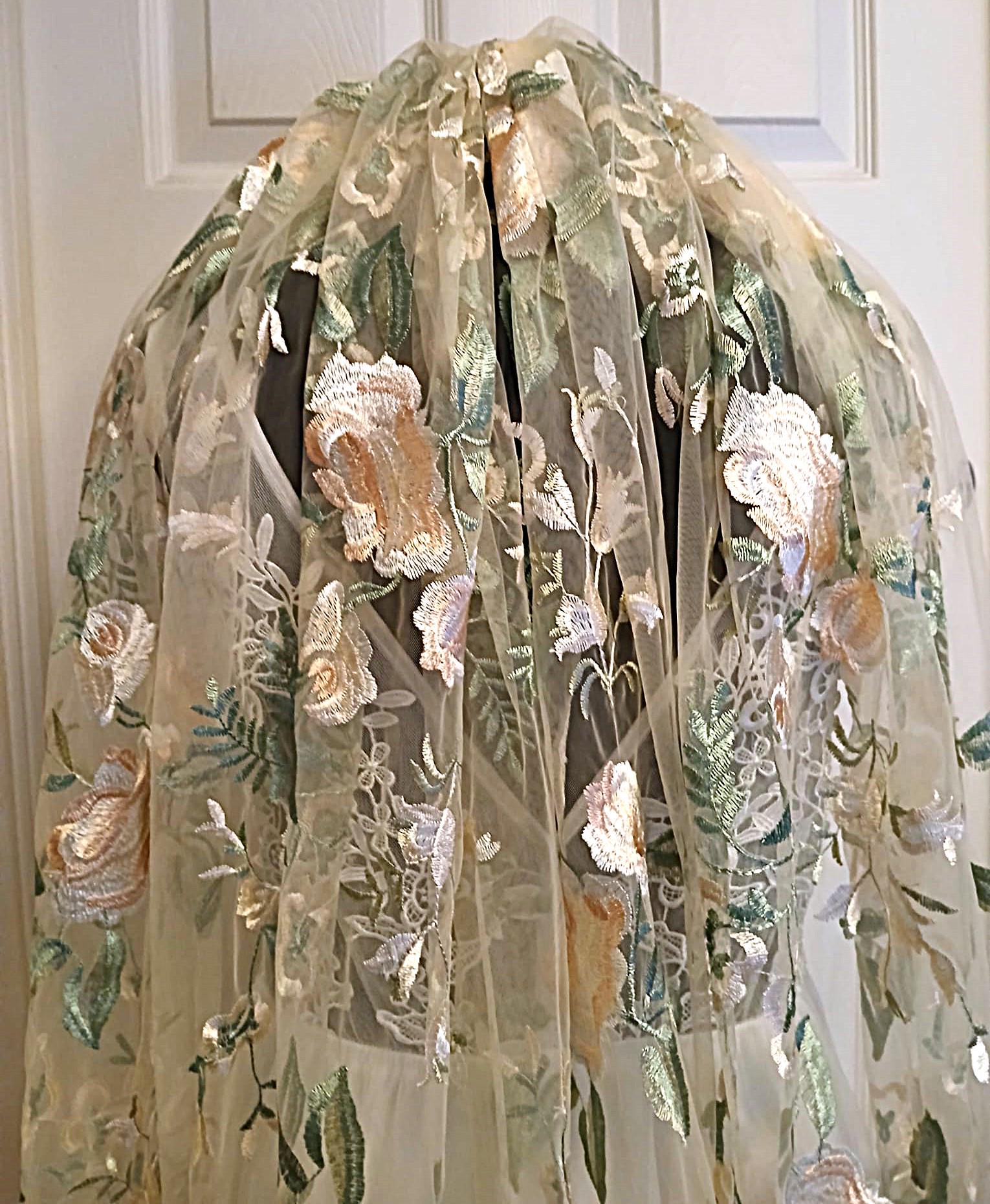 Floral Embroidered Champagne Color Hair Veil Beaded Champagne Embroidery 3D floral Wedding Veil – The  main image 2
