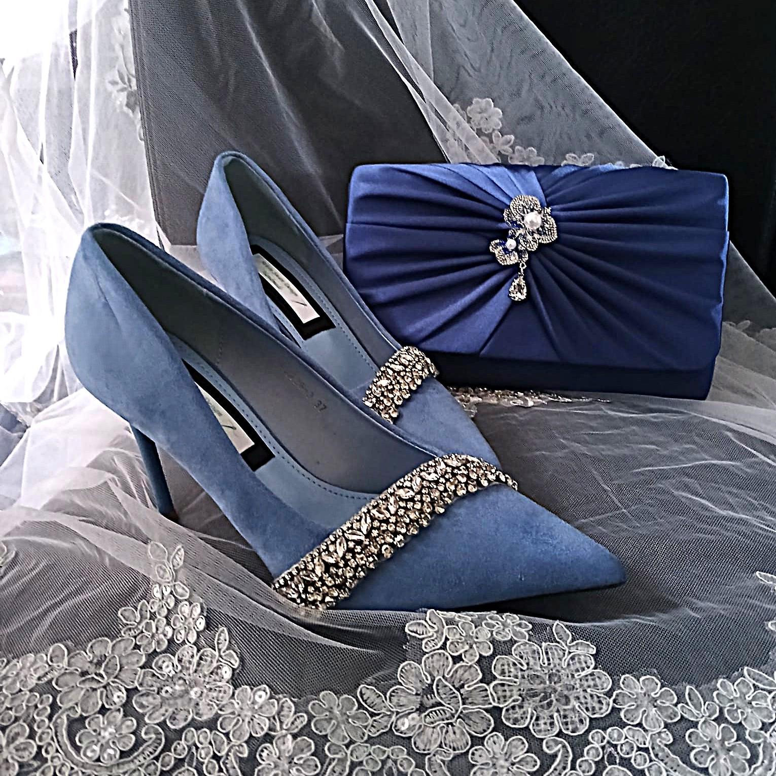 Indigo Blue Suede Evening Shoe & Clutch Set: Embellished Bridesmaid Heels
