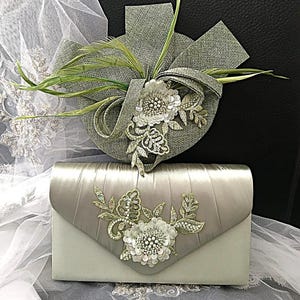 Sage Green Floral Hat & Satin Clutch Bag Set: Formal Event Accessories