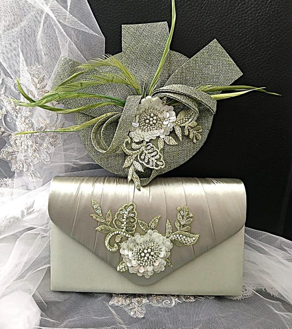 Sage Green Floral Hat & Satin Clutch Bag Set: Formal Event  display picture 1