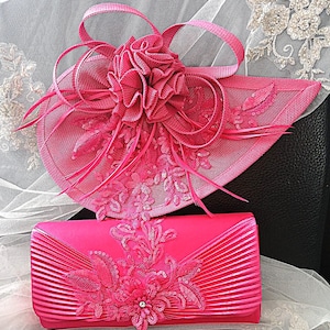Fuchsia Pink Floral Hat & Satin Clutch Bag Set: Formal Occasion Accessories