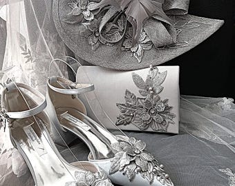 Silver Grey Floral 2 Inches Block Heel Shoe Hat and Clutch: Formal Event Footwear