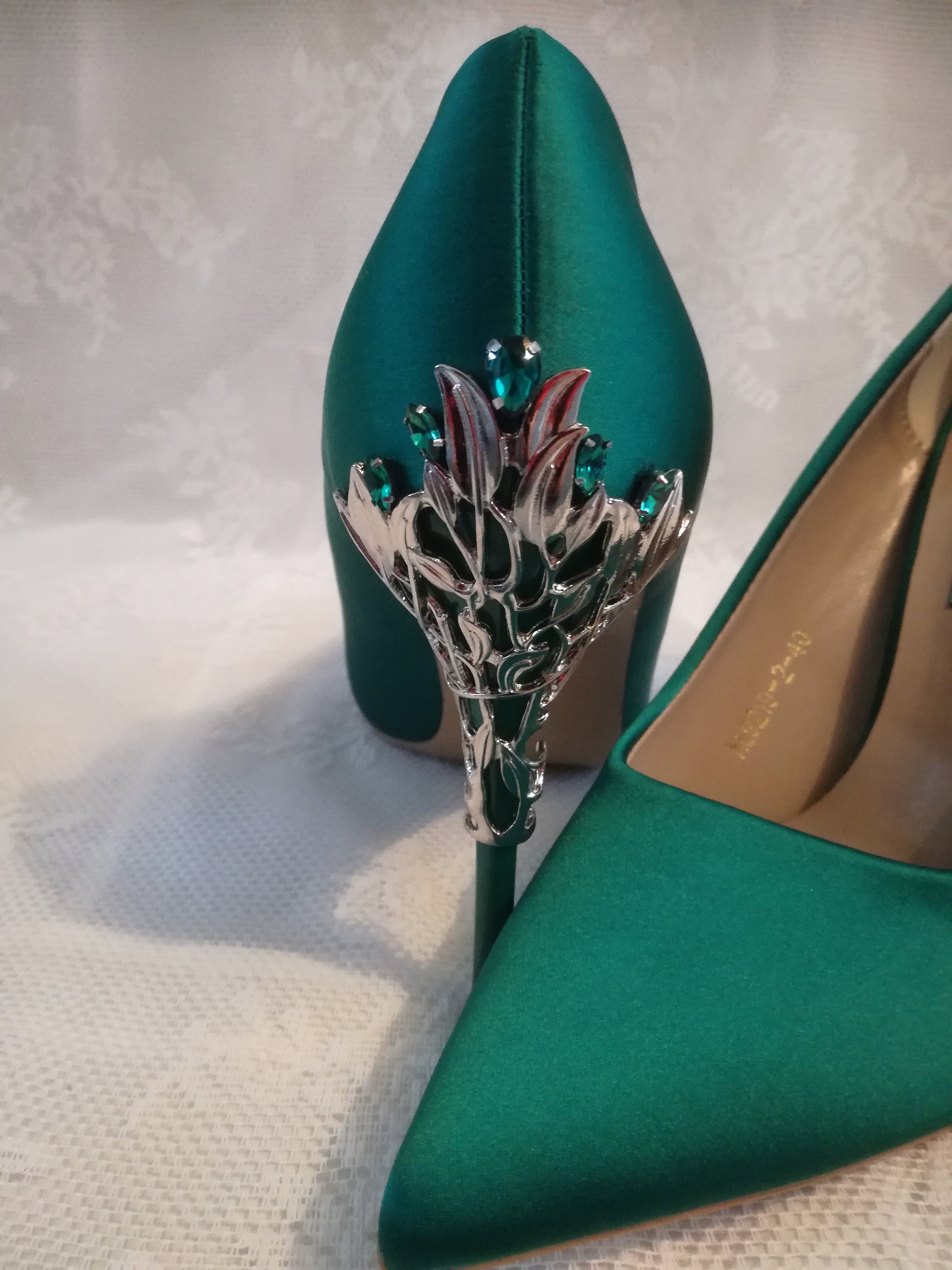 green satin dress shoes Emerald Green Wedding Ballerina Flats: Lace & Crystal Satin Shoes