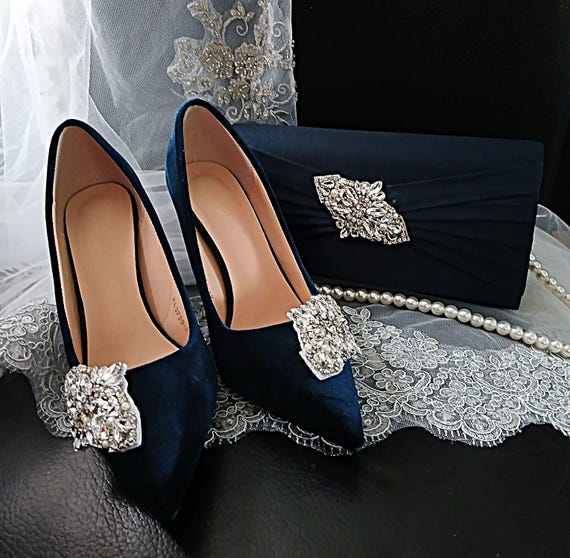 Navy Velvet Bridal Shoe Clips Clutch Bag Set: Formal Occasion