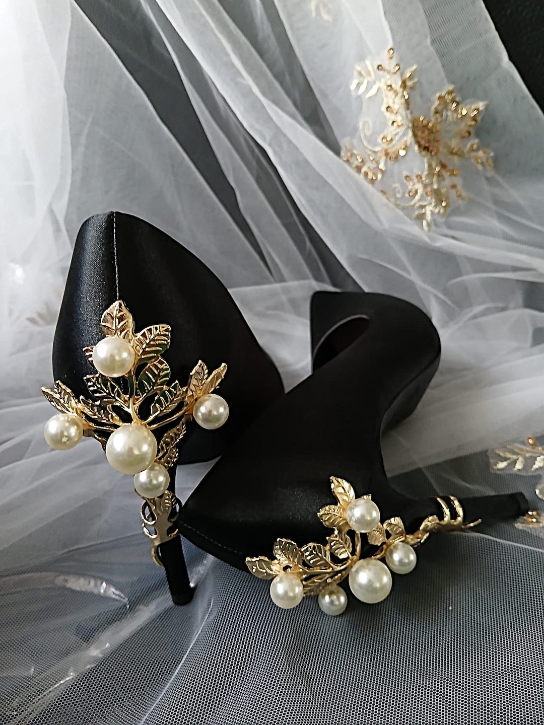 Vintage Inspired Black Satin Heels: Gold & Pearl Embellished Formal Shoes