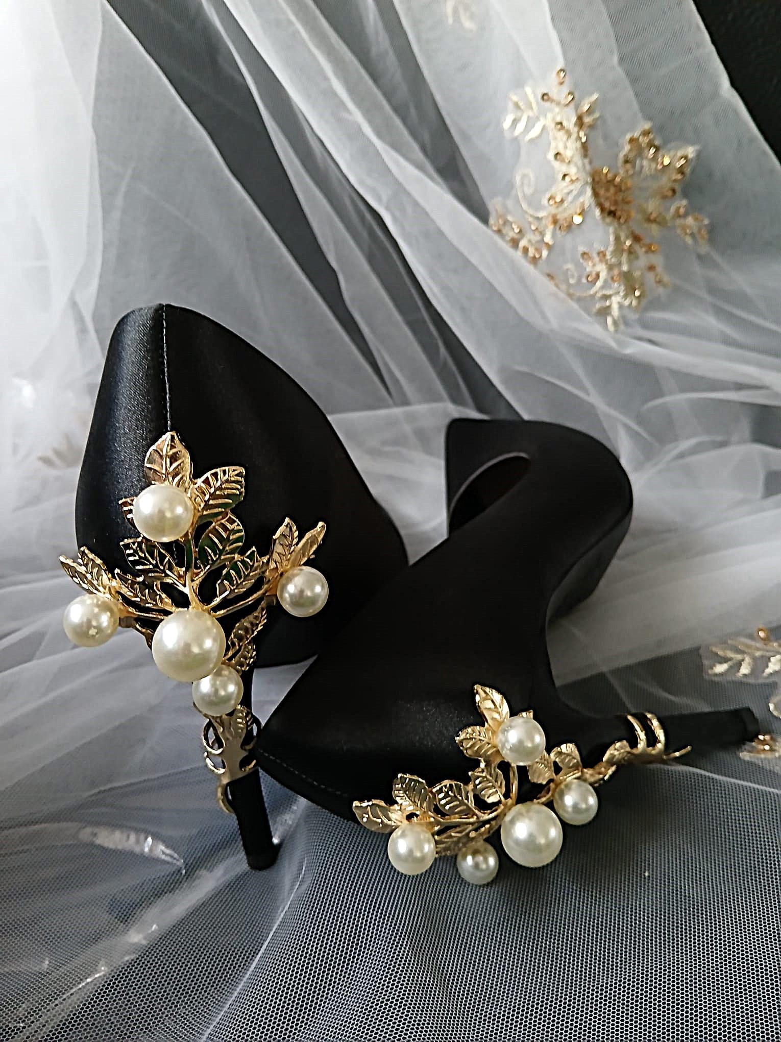 Vintage Inspired Black Satin Heels: Gold \u0026 Pearl Embellished Formal Shoes, image size:1530x2040