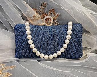 Royal Blue Glitter Evening Clutch: Gold Hardware, Pearl Handle