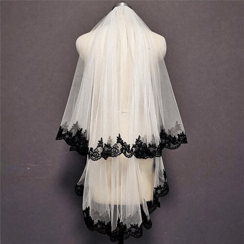White or Ivory Two Layer Veil Black Lace Bridal Veil Lace Etsy