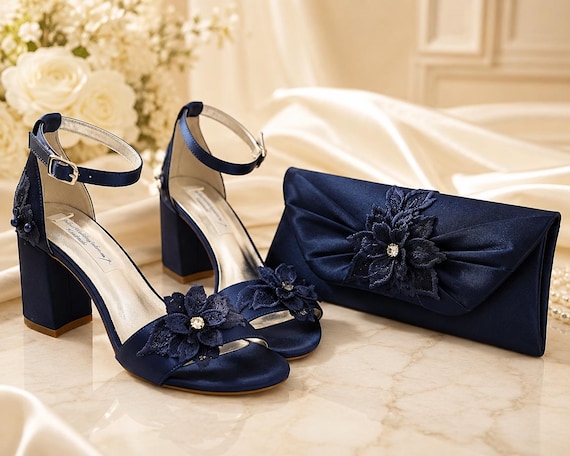 Navy Blue Satin Heels And Clutch Bag Set, Wedding & Occasion Accessories