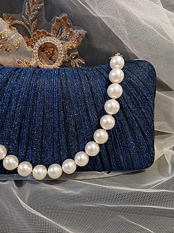 Royal Blue Glitter Evening Clutch: Gold Hardware, Pearl  display picture 1