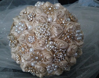 Champagne Wedding Bouquet With Pearls,Brooch Bouquet,Handmade Bouquet