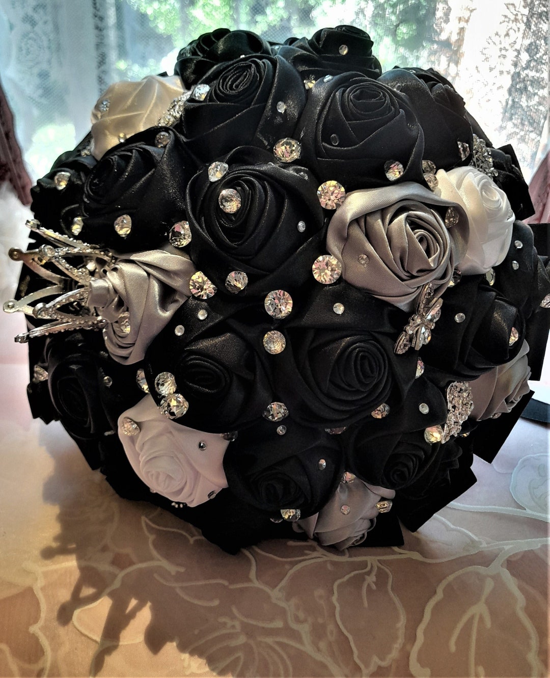 Black Flower Wedding Bouquet,vintage Brooch Bouquet,satin Wedding