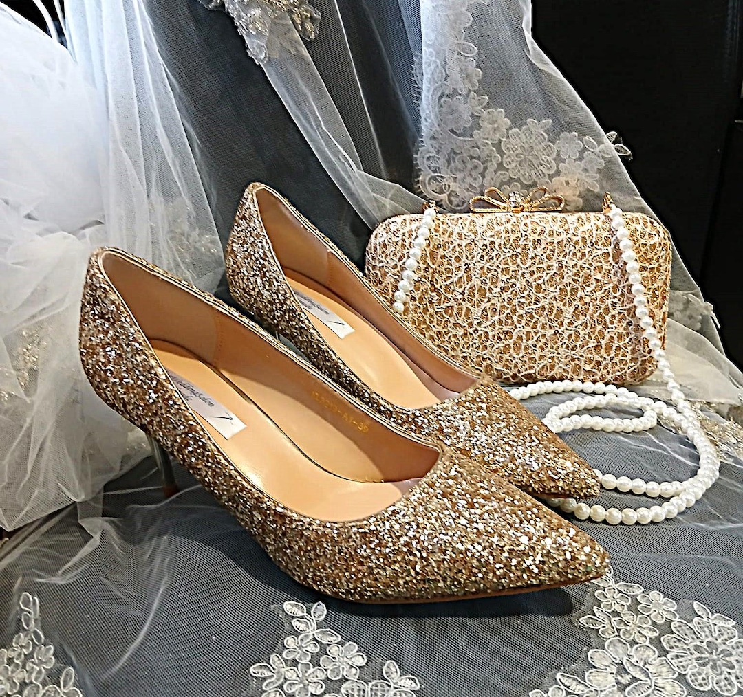 Gold Glitter Low Heel Shoes and Clutch Bag Set: Bridal, Bridesmaid Footwear  - Etsy Israel