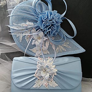 Floral Hat and Satin Clutch Bag Set: Light Blue Formal Accessories