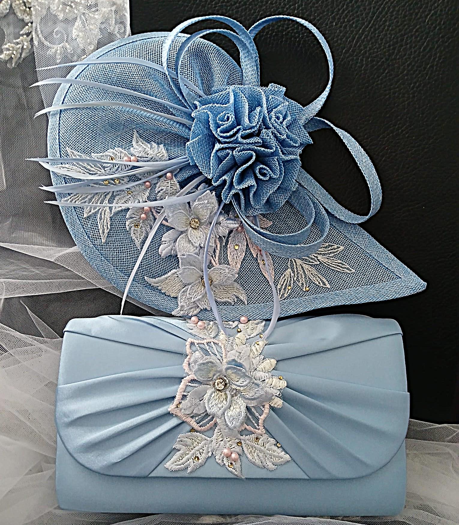 Floral Hat and Satin Clutch Bag Set: Light Blue Formal  display picture 2