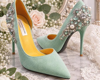 Sage Green Suede Bridal Heels, Pearl Crystal Wedding Shoes UK 6 EU 39