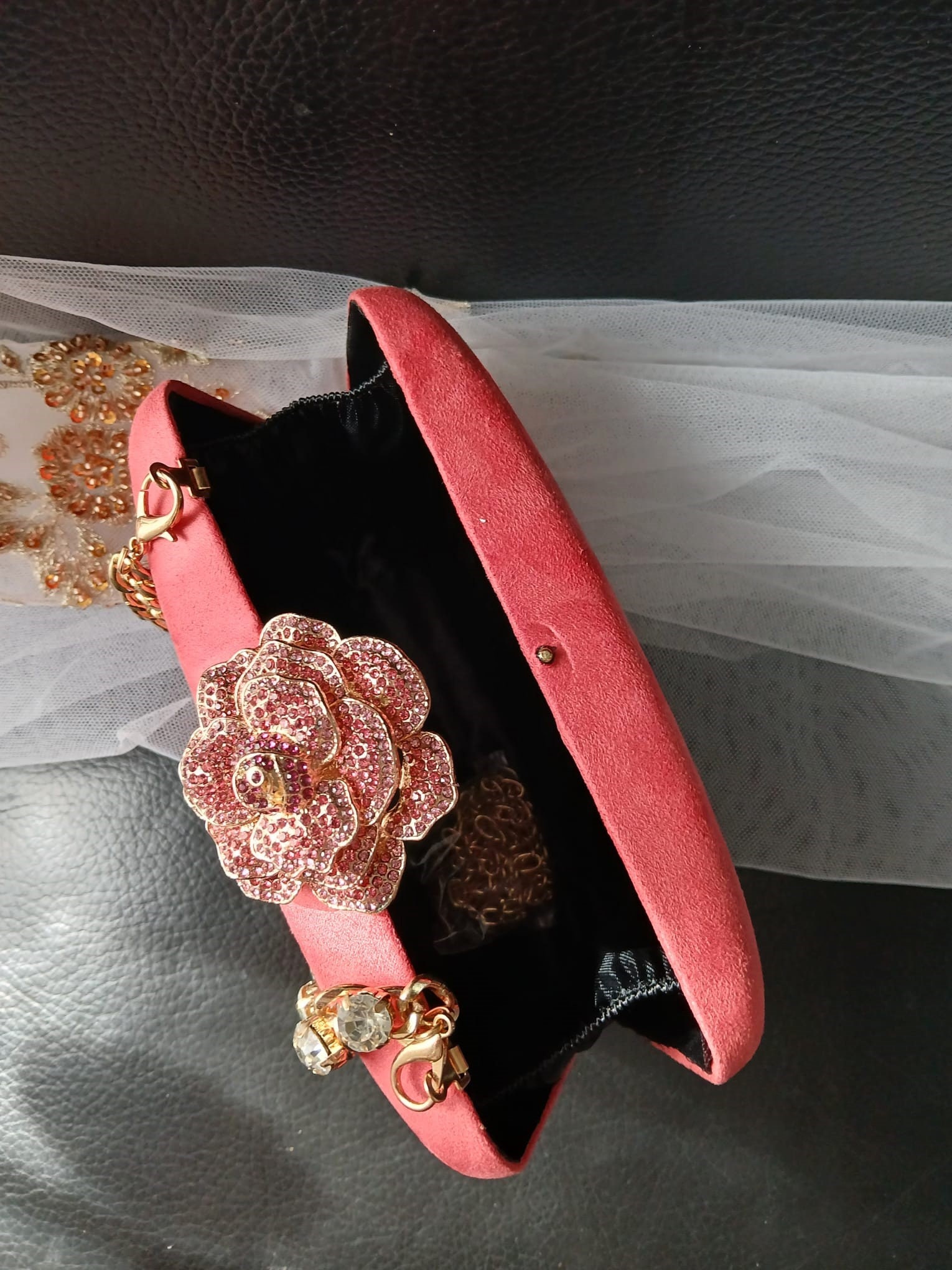 Coral Red Velvet Evening Clutch Bag with Crystal Handle and Flower Closure Wedding Handbag for Bride or Bridesmaid Formal Event Purse