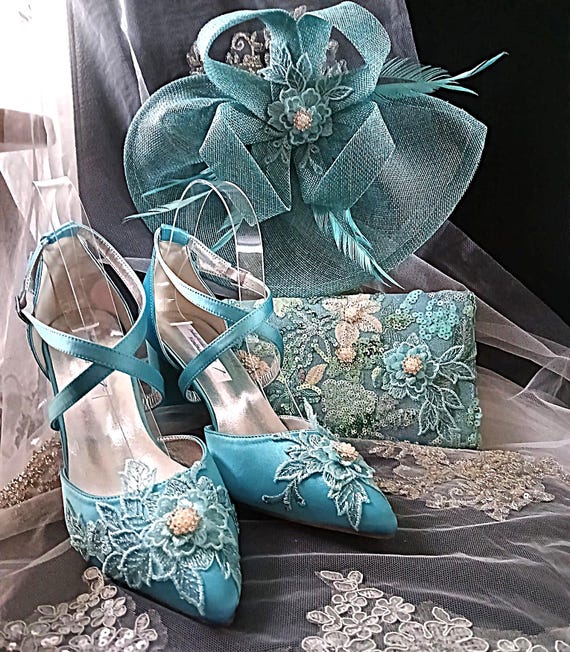 turquoise blue dress shoes Floral Block Heel Sandal Hat & Clutch Set: Elegant Footwear for Formal Occasions Color:white