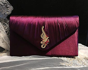 Dark Purple Satin Evening Clutch: Formal Bridal Handbag