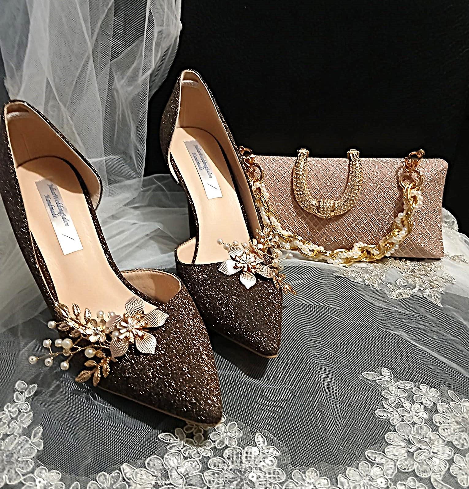 Dark Brown Bridal Heels: Rose Gold Glitter Champagne Pumps, image size:1530x1597