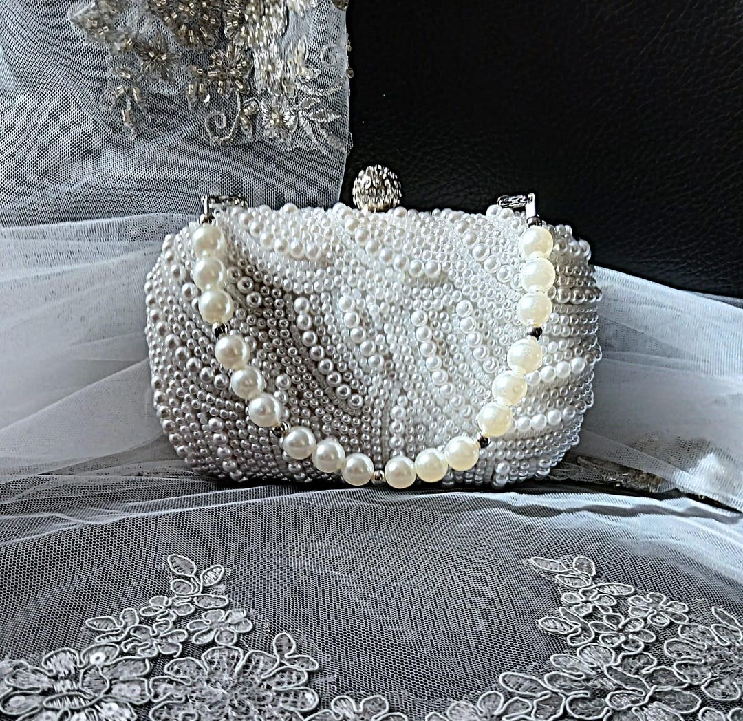 White Pearl Evening Clutch Bag With Handle and Crystal Closure,wedding ...