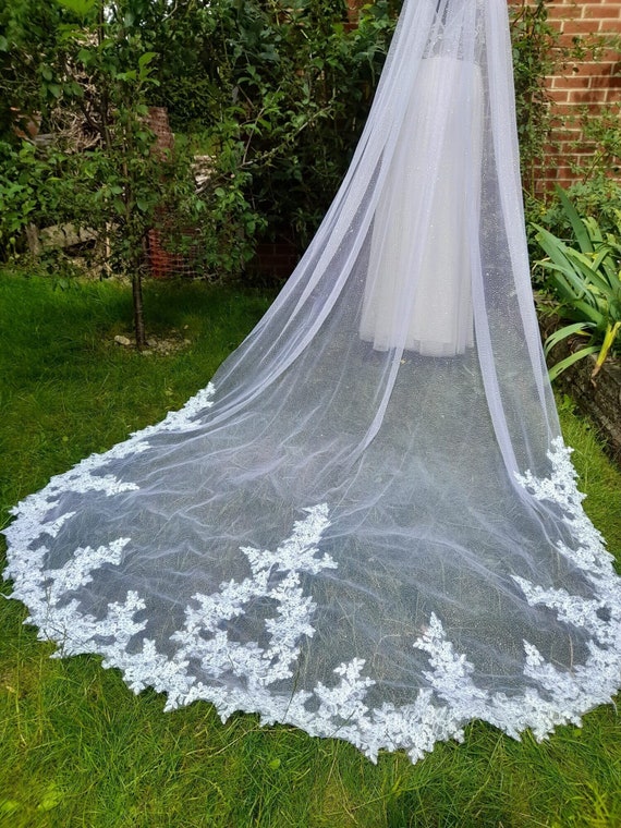 White Cathedral Veil With Glitter and Lace Edge and A Comb  display picture 2