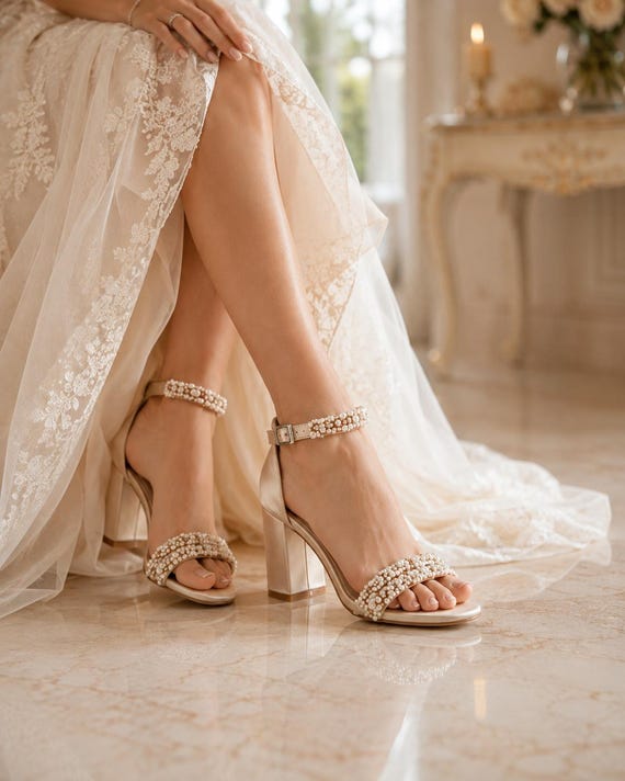 champagne shoes with white dress Pearl Bridal Sandals, Crystal Block Heel Wedding shoulder bridesmaid dress Moncler Casual Short Sleeve Round Package:Horse Face Skirt white dress with gold heels