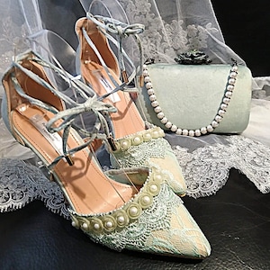 Lime Cream Suede Shoes And Clutch Bag,High Heel Sandals In Floral Style,Footwear For Formal Event