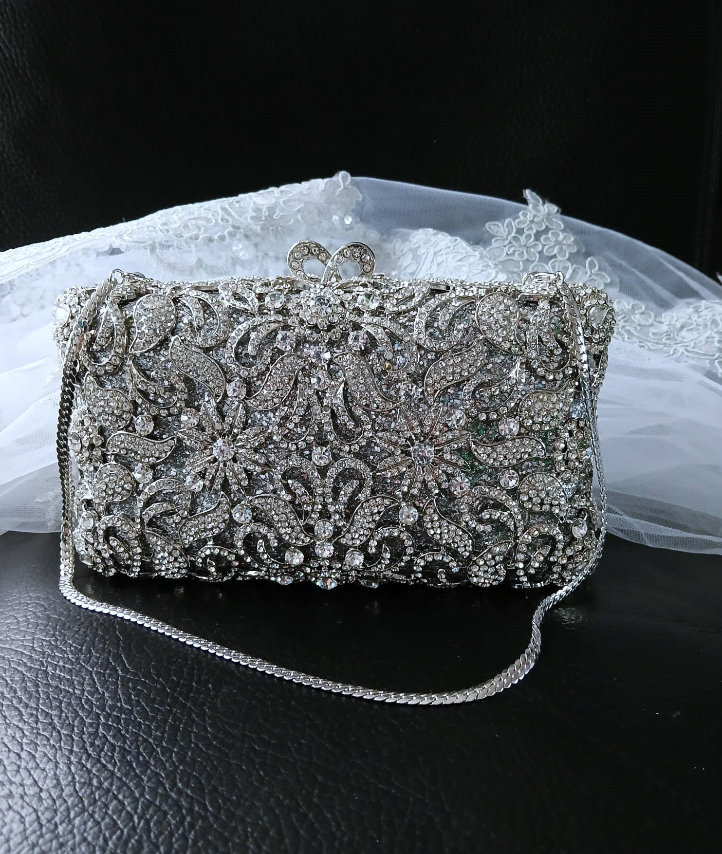 silver dress purses Silver Evening Clutch: Swarovski Crystal Wedding Purse