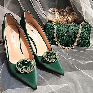 Forest Green Satin Shoes With Clips And Matching Clutch Bag,Shoes For Bride Or Bridesmaid,Wedding Footwear