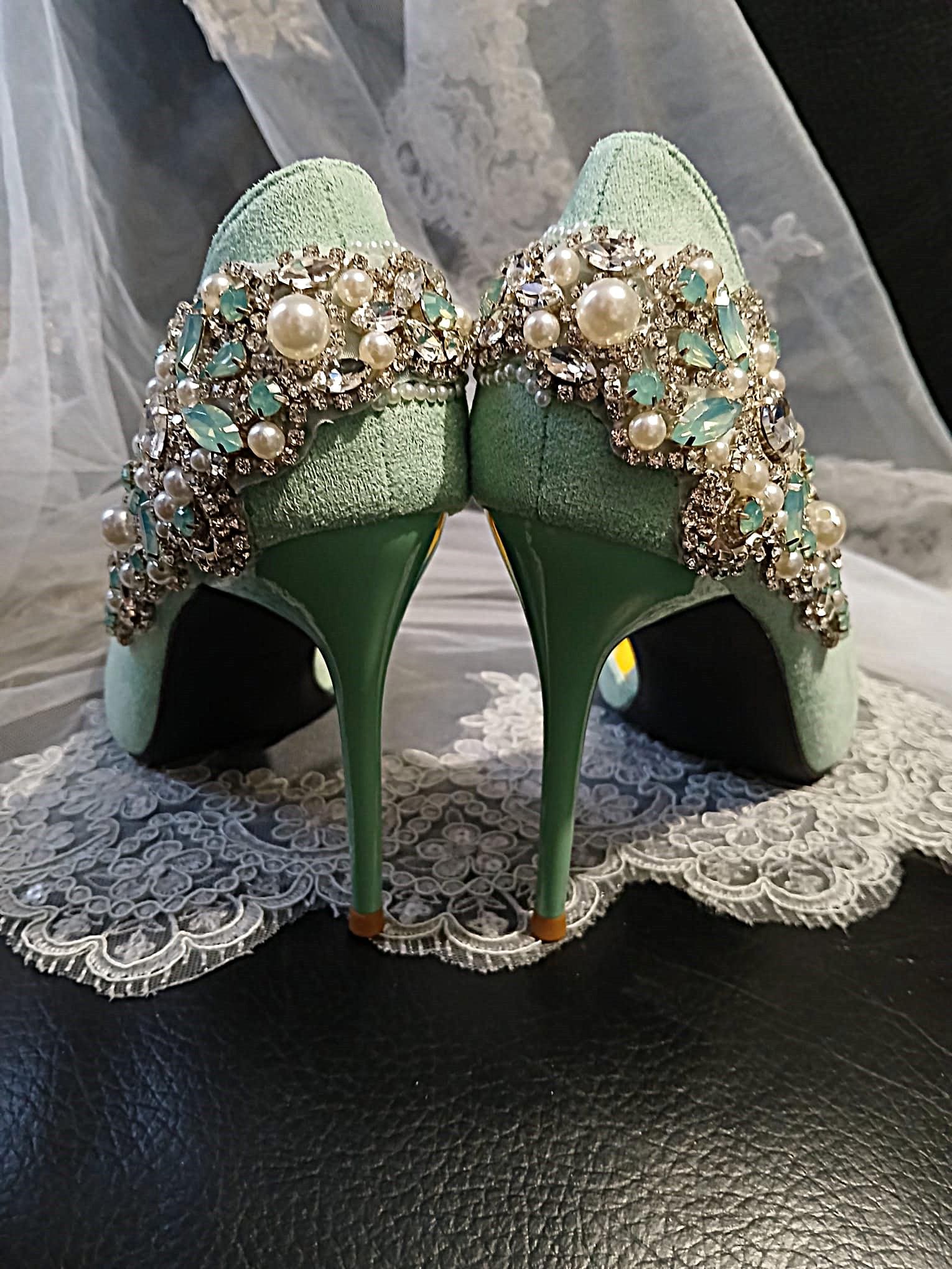 Sage Green Suede Bridal Shoes with Matching Clutch: Wedding Heel Set, image size:1530x2040