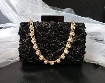 Embroidered Black Evening Clutch Bag With Crystal Handle,Beaded Wedding Purse,Bridal Floral Handbag