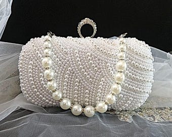 Pochette de mariée en perles blanches, sac à main de mariage avec finitions en argent, sac à main pour mariée ou demoiselle d'honneur