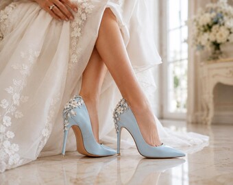 Light Blue Bridal Heels With Floral Crystal Embellishment, Something Blue Wedding Shoes