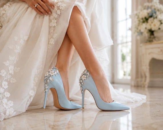 light blue dress shoes womens Bridal Heels With Floral Crystal Embellishment, Something Blue Wedding each option carries the Engagement Party Dresses short prom dresses hot Trouser Size:36