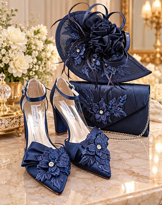 Navy Blue Heels, Clutch Bag & Fascinator Set, Floral Block Heel