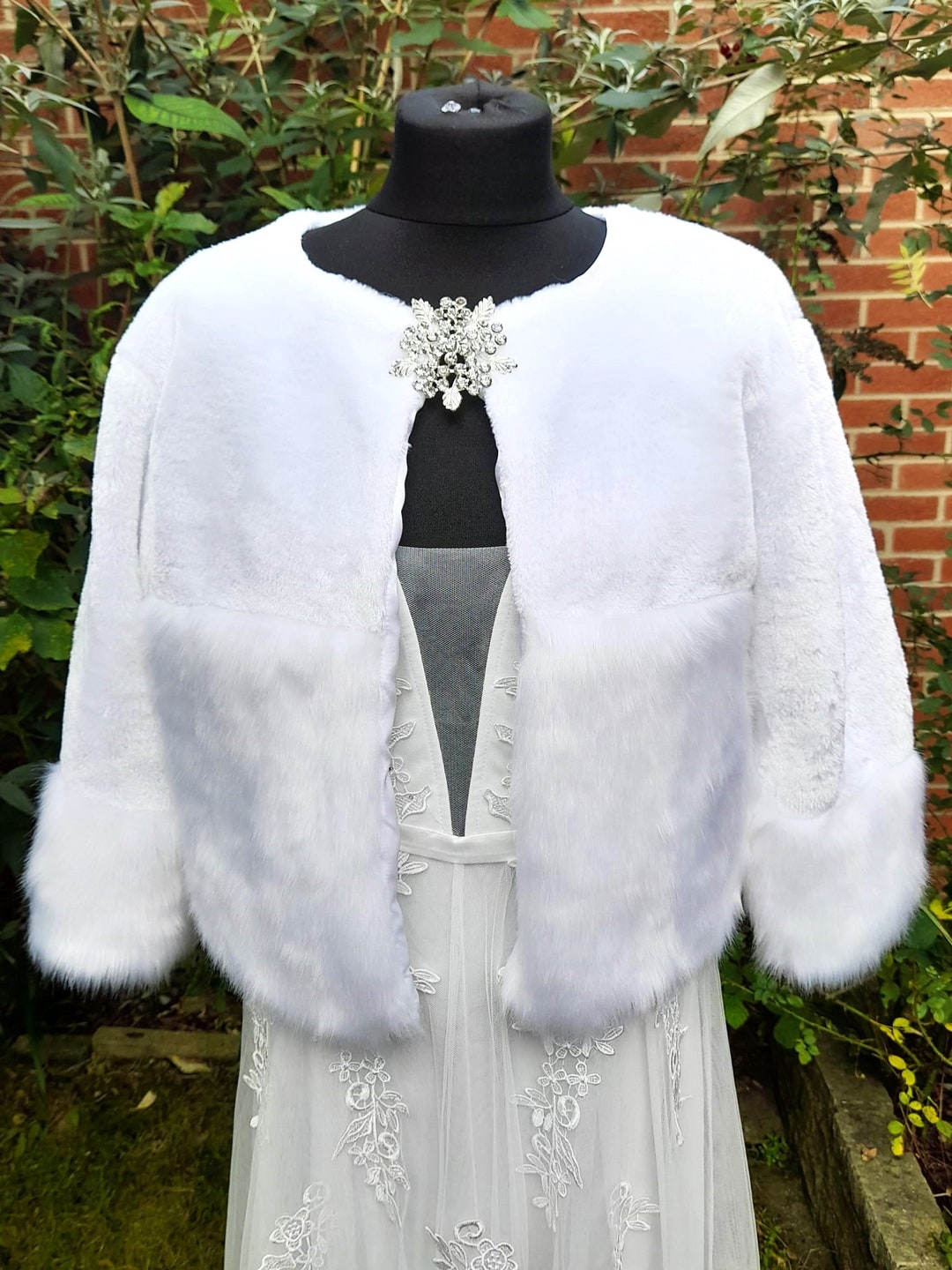 Elegant White Faux Fur Wedding Bolero With Sparkling Brooch Perfect