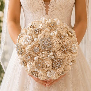Champagne Wedding Brooch Bouquet: Handmade Pearl Rose Posy