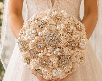 Champagne Wedding Brooch Bouquet: Handmade Pearl Rose Posy