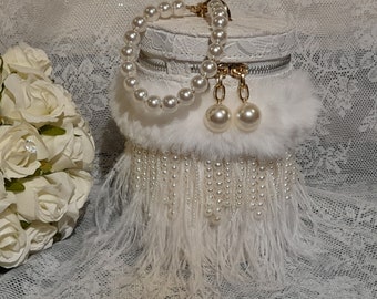 Embrague de noche blanco, bolso de boda de invierno, bolso de cubo hecho a mano